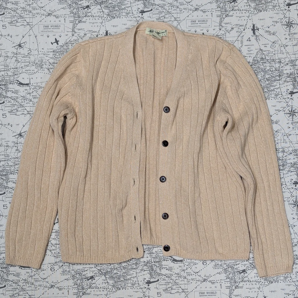 Vintage 90s Eddie Bauer Beige Ribbed Cotton Cardigan Sweater Size Medium - Picture 4 of 4